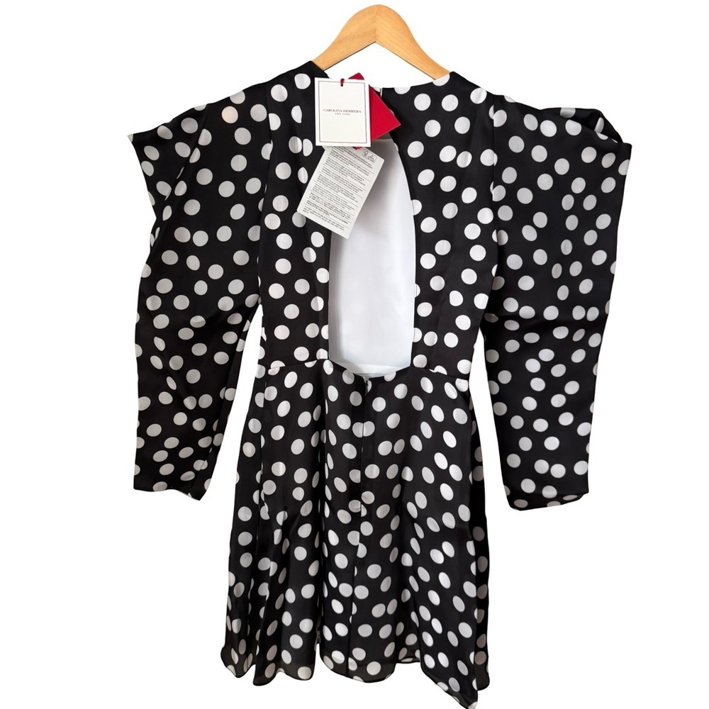 NWT CAROLINA HERRERA Polka Dot Silk Organza Puff Sleeve Dress Black White Size 8 - Picture 6 of 16